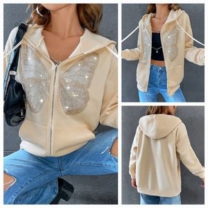 SHEIN Apricot Rhinestone Butterfly Zip Front Sweatshirt With Hood
